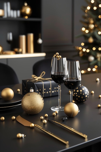 Photo a table with a christmas tree and a box of wine glasses