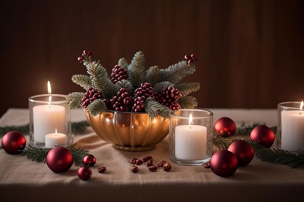 a table with a christmas tree and candles on it