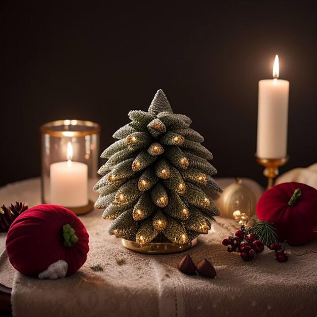 Photo a table with a christmas tree and candles on it