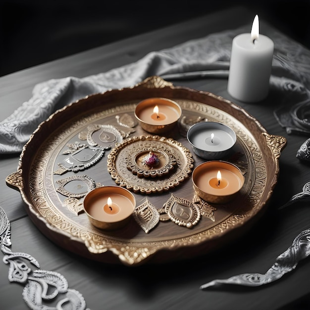 Photo a table with a clock and candles on it