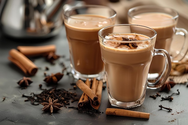 a table with coffee and cinnamon sticks on it