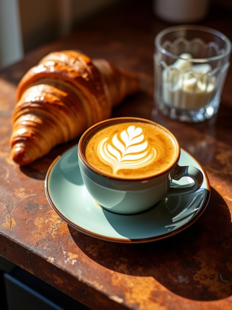 A table with coffee croissants coffee and croissants