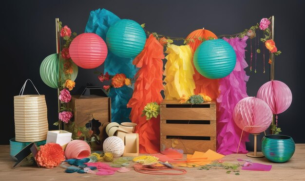 A table with a colorful paper lantern and a box of paper lanterns.