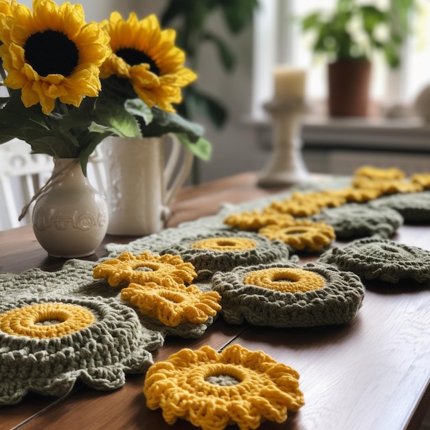 A table with crocheted flowers and crochet flowers on it