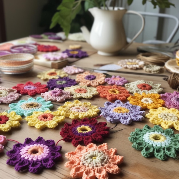 A table with crocheted flowers on it and a vase in the background.