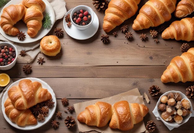 Photo a table with croissants and pine cones on it