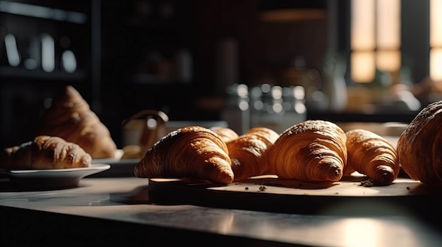 A table with croissants and a plate of food on it