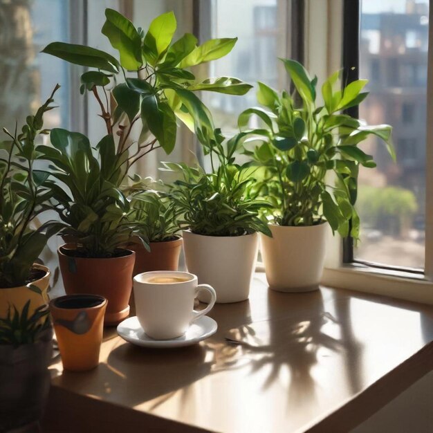 Photo a table with a cup of coffee and a cup of coffee