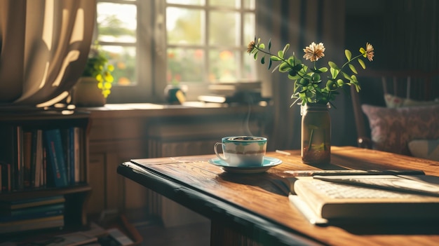 a table with a cup of coffee and a flower on it