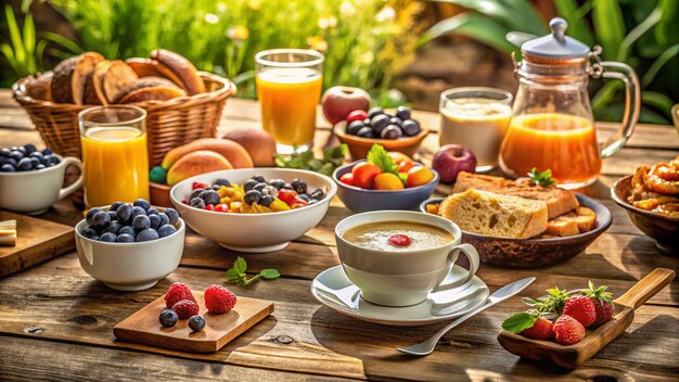 Photo a table with a cup of coffee fruit and a cup of coffee