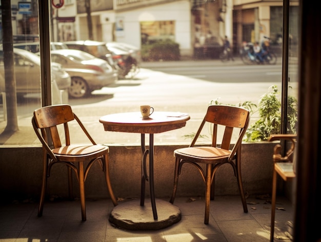 A table with a cup of coffee on it in front of a window.