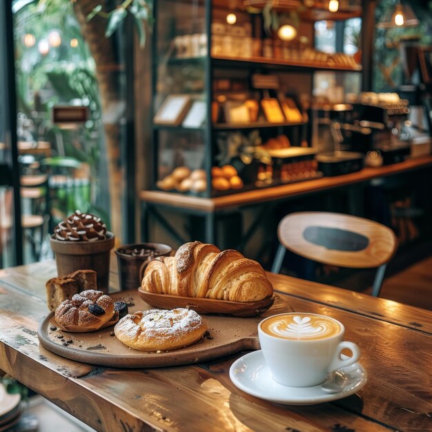 a table with a cup of coffee and pastries on it