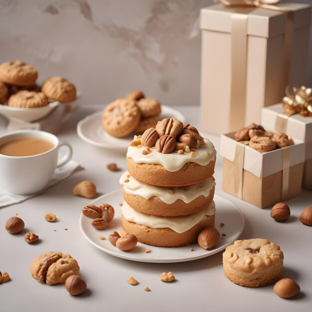 a table with a cup of coffee and a stack of cookies on it