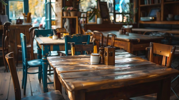 a table with a cup of coffee and a wooden table with a yellow candle on it