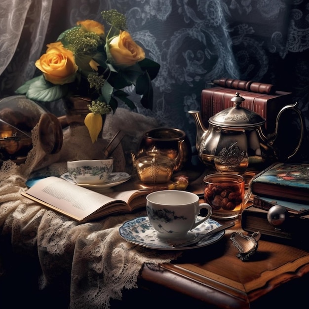 A table with a cup of tea and a book on it