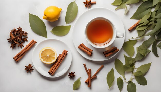 a table with a cup of tea and a lemon on it