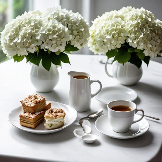 a table with a cup of tea and a plate of food with flowers and a cup of tea