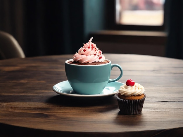 A table with a cupcake and a cup of coffee on it 4k