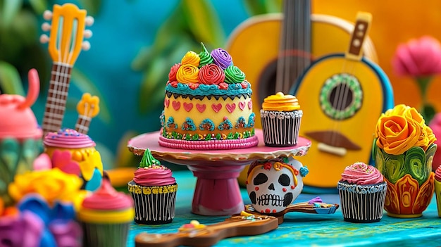 Photo a table with cupcakes and a cake stand with a skull and a cupcake on it