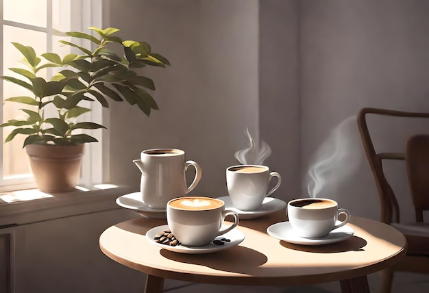 a table with cups of coffee and a potted plant on it