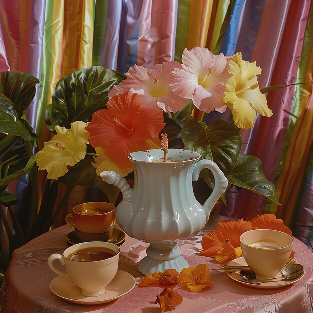 a table with cups and cups of tea and a vase with flowers on it