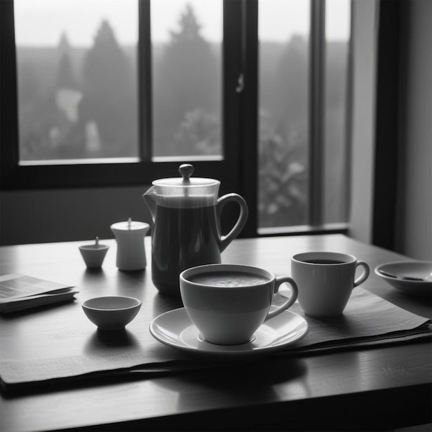 Photo a table with cups and saucers and cups on it