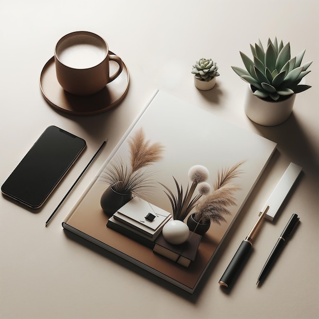 Table with a decoration book a cup of coffee and indoor plants creating cozy and elegant atmosphere