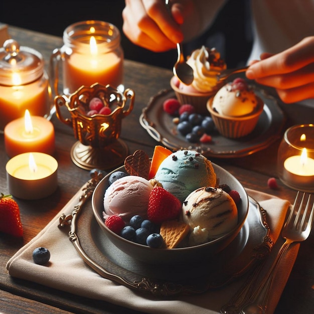 a table with desserts and candles and a plate of desserts with a candle that says quot dessert quot