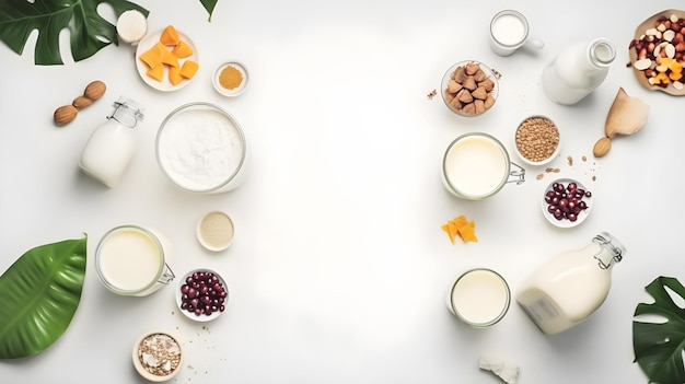 A table with different types of dairy products including milk, yogurt, and granola.