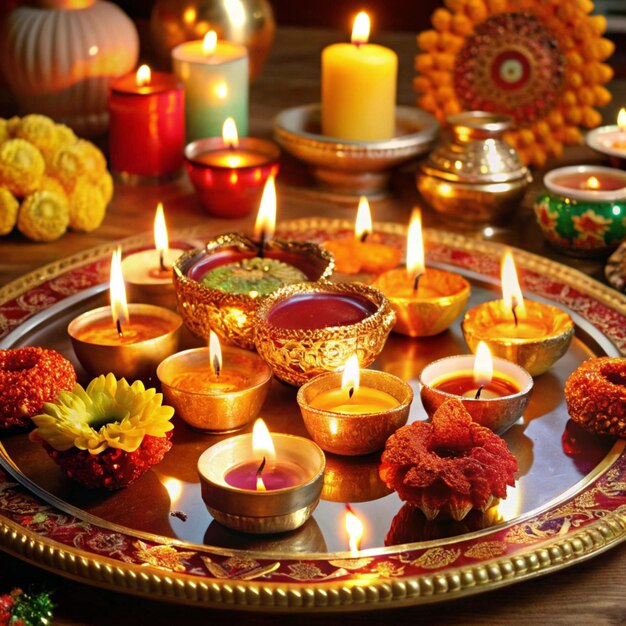 Photo a table with a display of candles flowers and candles