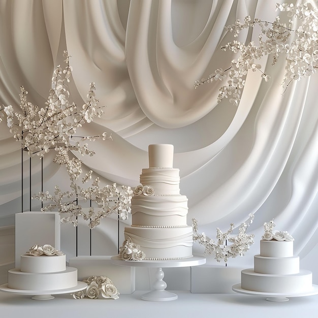 Photo a table with a display of white flowers and a white vase with flowers on it