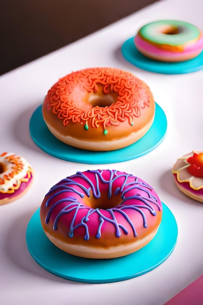 A table with donuts on it and one of them has a pink frosting and a red sprinkle on it.