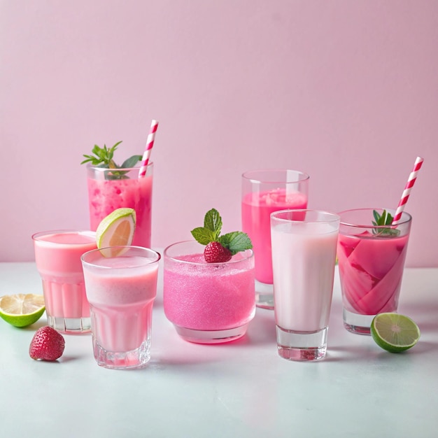 Photo a table with drinks and glasses of milk strawberries and strawberries