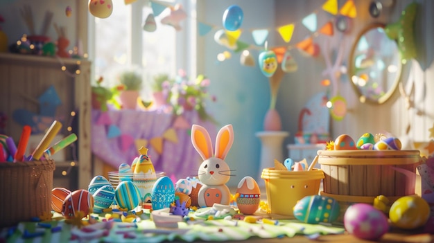 Photo a table with easter eggs and a bunny on it