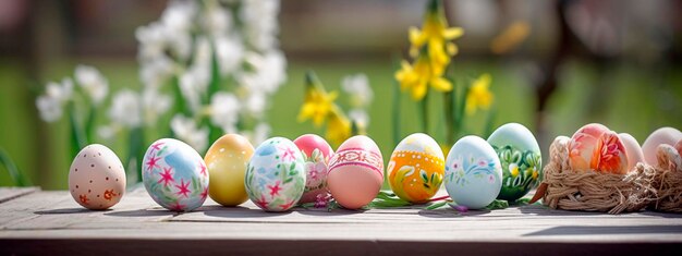 Table with easter eggs in the foreground and a spring meadow Generative AI