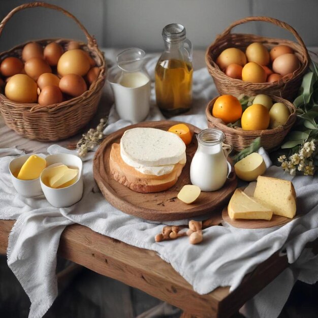 Photo a table with eggs bread and cheeses on it