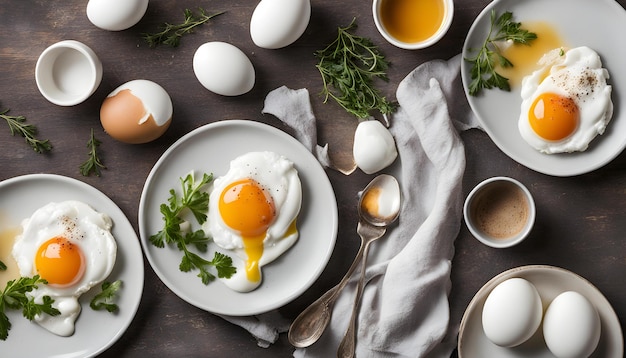 a table with eggs eggs and a plate of food