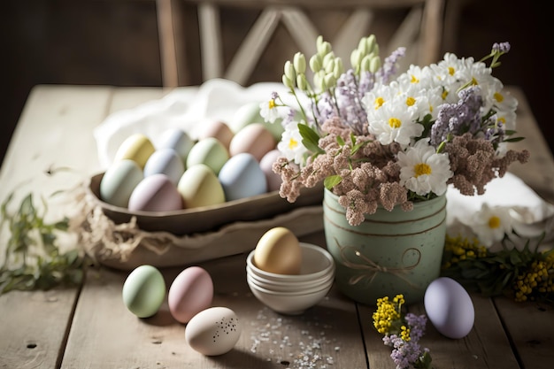 A table with eggs and flowers on it