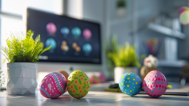 Photo a table with eggs flowers and a pen on it