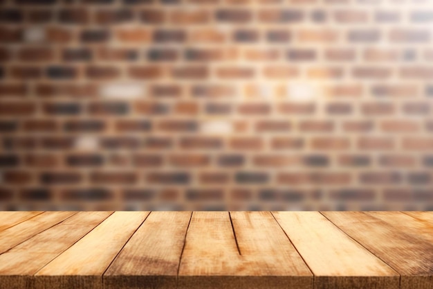 Table with an empty board and a blurry background Brown wood in perspective with a brick background can be utilized to display or put together your products Layout