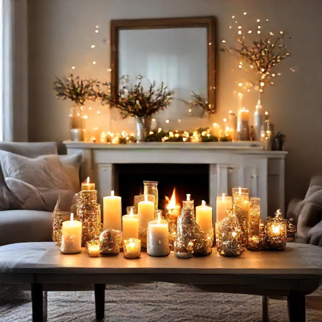 a table with a fireplace and a bunch of christmas lights on it