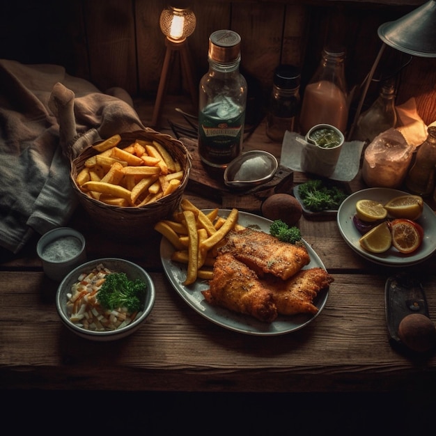 A table with fish and chips a