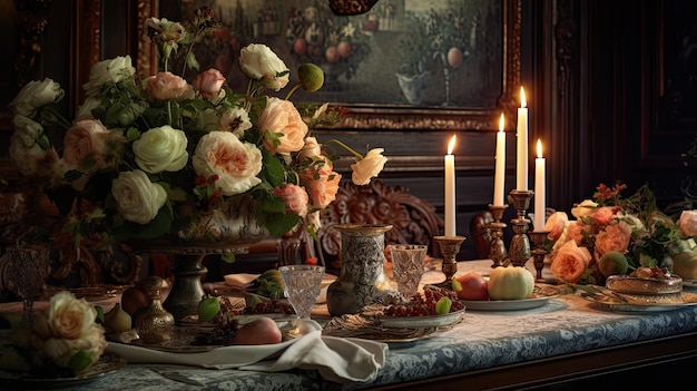 A table with a floral arrangement in front of a painting.