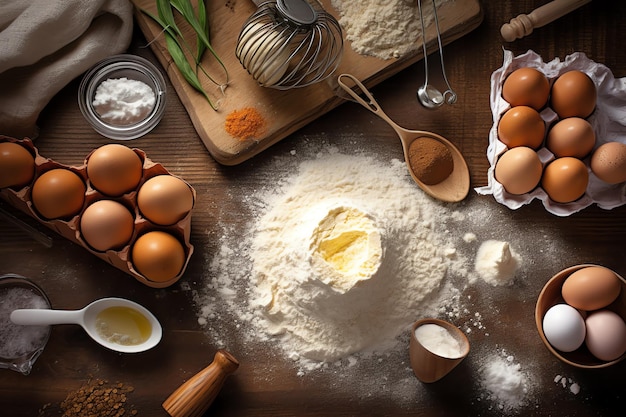 A table with flour, eggs, and flour on it