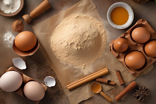 A table with flour, eggs, and a rolling pin.