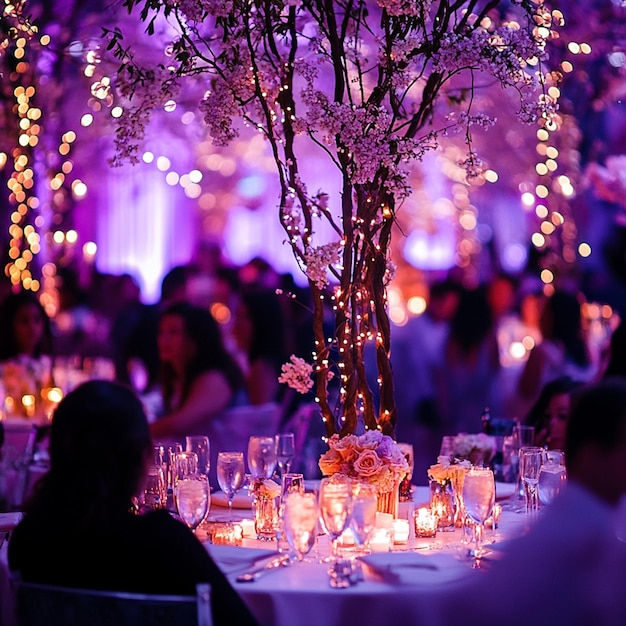 Photo a table with a flower arrangement and a candle in the center