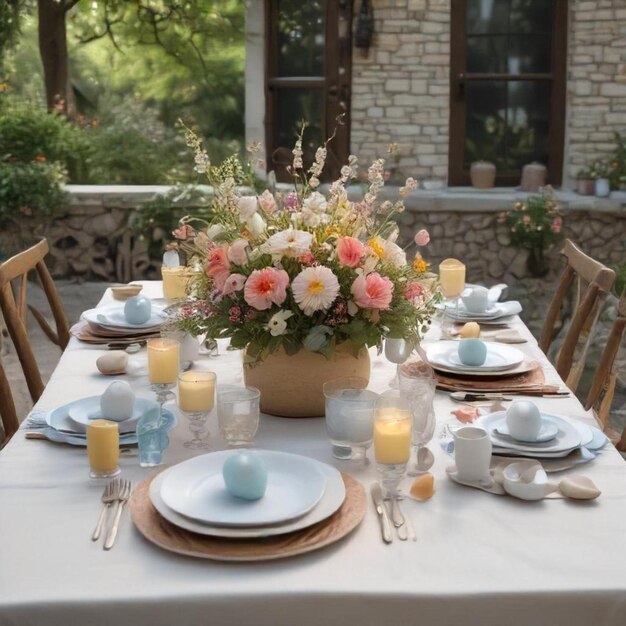 a table with a flower arrangement on it and a vase with flowers in it