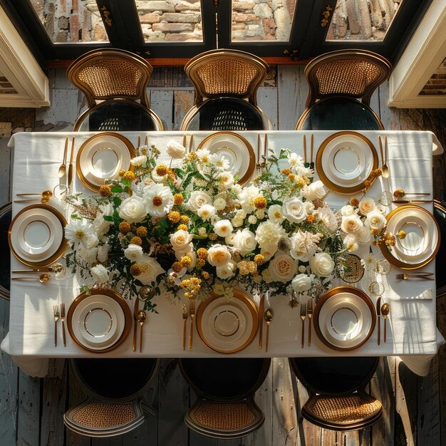 Photo a table with a flower arrangement on it and a vase with flowers on it