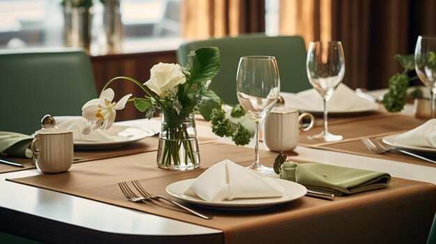 a table with a flower vase and a napkin on it