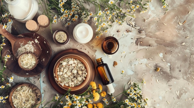 Photo a table with flowers and a bottle of medicine on it